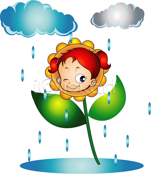 사람 소녀(어린이) 소녀만 어린이 어린이만 여자 여자만 일러스트 계절 구름(자연) 꽃 날씨 봄 비(날씨) 비구름 빗물 빗방울 식물 야외 자연 자연요소 클립아트 한송이 흐림