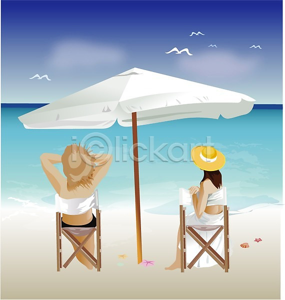 휴식 남자 두명 사람 여자 EPS 뒷모습 일러스트 계절 기념사진 바다 바캉스 수영복 야외 여름(계절) 여름휴가 여행 웰빙 주간 커플 파라솔 해변 휴가
