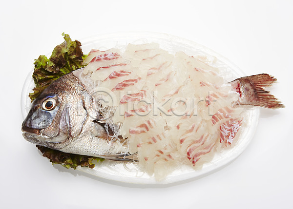 사람없음 JPG 포토 도미 상추 생선회 스튜디오촬영 실내 어류 음식 한마리 해산물 흰배경