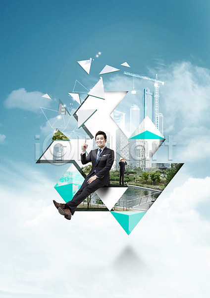 30대 남자 두명 성인 한국인 PSD 편집이미지 고층빌딩 공원 구름(자연) 기중기 도시 비즈니스맨 삼각형 앉기 전신 정장 조각
