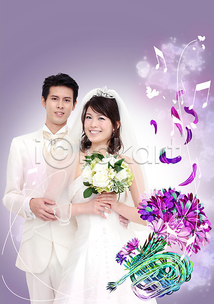 남자 두명 성인 여자 일본인 PSD 앞모습 편집이미지 꽃 꽃잎 들기 미소(표정) 부케 상반신 신랑 신부(웨딩) 신혼부부 웨딩드레스 음표 정장 커플 턱시도 트럼펫
