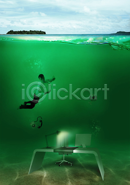 남자 서양인 성인 성인남자한명만 한명 PSD 편집이미지 물 비즈니스맨 사무용의자 섬 수영 수중 스탠드 시계 유선전화기 책상 초록색 컴퓨터