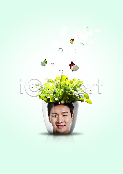 20대 남자 성인 성인남자한명만 한국인 한명 PSD 편집이미지 그린캠페인 나비 물방울 미소(표정) 비눗방울 식물 얼굴 자연보호 화분 환경