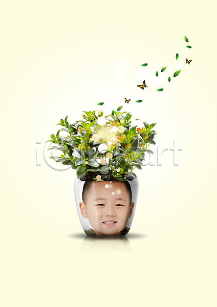 남자 유치원생 한국인 한명 PSD 편집이미지 그린캠페인 나비 미소(표정) 식물 얼굴 잎 자연보호 화분 환경