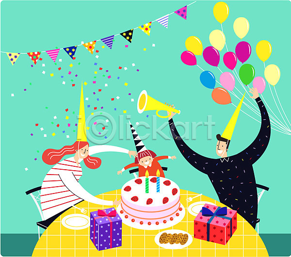 기쁨 설레임 행복 남자 성인 세명 어린이 여자 AI(파일형식) 일러스트 가족 고깔(모자) 기념일 나팔 생일 생일상 생일선물 생일초 생일축하 생일케이크 접시 쿠키 풍선