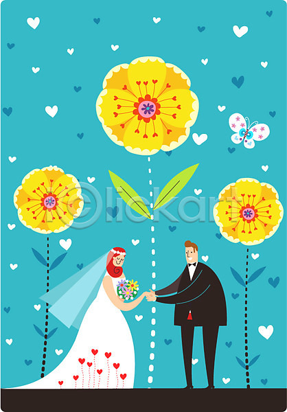 기쁨 설레임 행복 남자 두명 성인 여자 AI(파일형식) 일러스트 결혼 기념일 꽃 나비 부부 부케 웨딩드레스 커플 하트