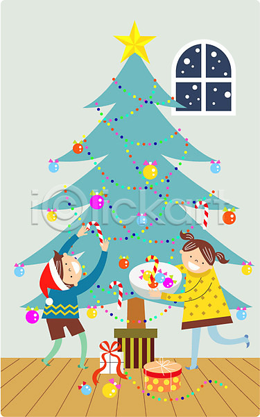 기쁨 설레임 행복 남자 두명 어린이 여자 AI(파일형식) 일러스트 기념일 눈 산타모자 창문 크리스마스 크리스마스선물 크리스마스장식 크리스마스지팡이