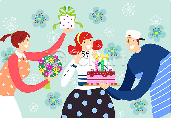 기쁨 설레임 행복 남자 성인 세명 여자 AI(파일형식) 일러스트 기념일 꽃다발 꽃무늬 생일 생일선물 생일초 생일축하 생일케이크 생일파티