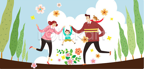 기쁨 설레임 행복 남자 성인 어린이 여러명 여자 AI(파일형식) 일러스트 가정의날 가족 구름(자연) 기념일 꽃 나무