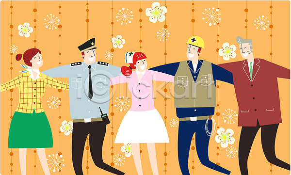 기쁨 설레임 행복 남자 성인 여러명 여자 AI(파일형식) 일러스트 간호사 경찰 근로자의날 기념일 꽃무늬 노동자 안전모