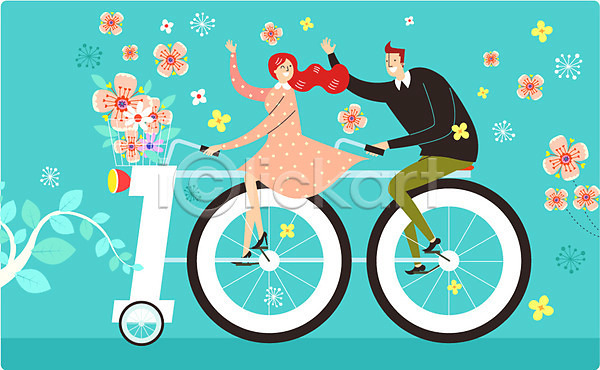 기쁨 설레임 행복 남자 두명 성인 여자 AI(파일형식) 일러스트 100일 기념일 꽃무늬 자전거 커플