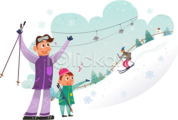 남자 성인 세명 어린이 AI(파일형식) 일러스트 겨울 겨울스포츠 고글 나무 눈 눈사람 스키 스키리프트 스키복 스키장 스키장비 야외 주간 털모자 폴