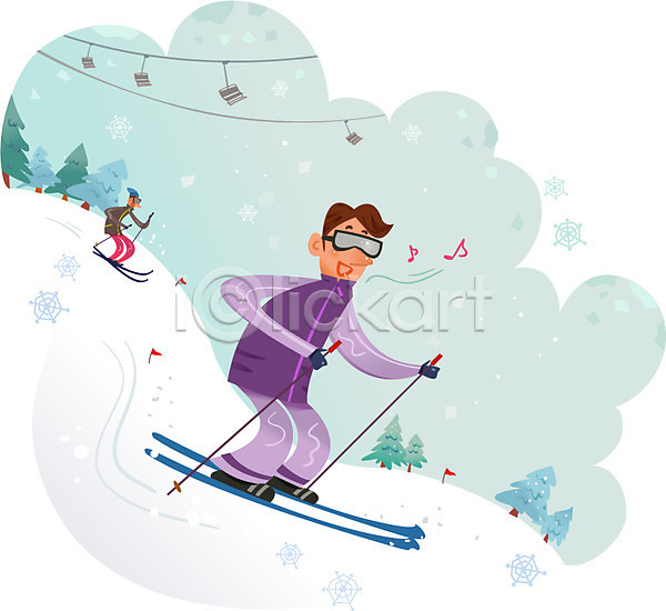 남자 두명 성인 AI(파일형식) 일러스트 겨울 겨울스포츠 고글 나무 눈 스키 스키리프트 스키복 스키장 스키장비 야외 주간 폴