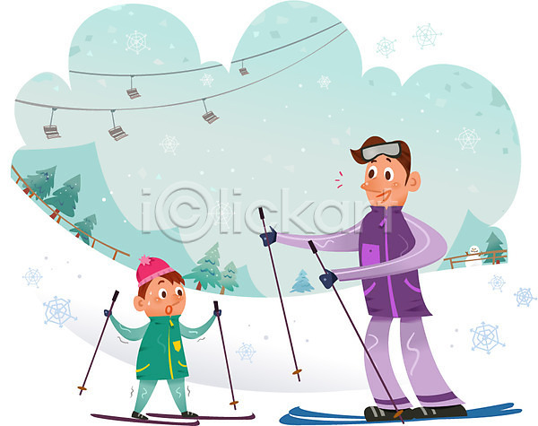 남자 두명 성인 어린이 AI(파일형식) 일러스트 겨울 겨울스포츠 고글 나무 눈 눈사람 스키 스키리프트 스키복 스키장 스키장비 야외 주간 털모자 폴