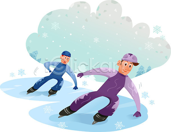 남자 두명 성인 AI(파일형식) 일러스트 겨울 겨울스포츠 나무 눈 스케이트 스피드스케이팅 야외 얼음 주간 헬멧
