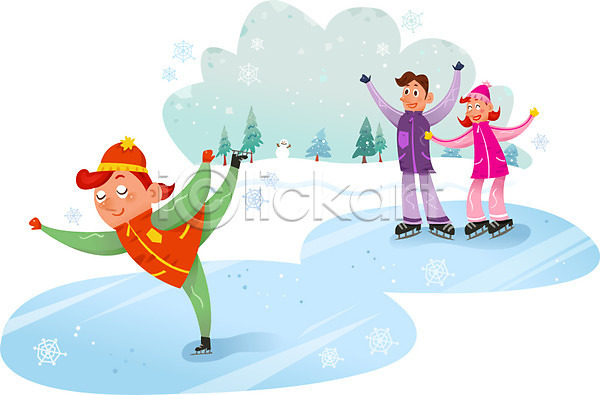 남자 성인 세명 어린이 여자 AI(파일형식) 일러스트 겨울 겨울스포츠 나무 눈 눈사람 아이스스케이트 야외 얼음 주간 털모자