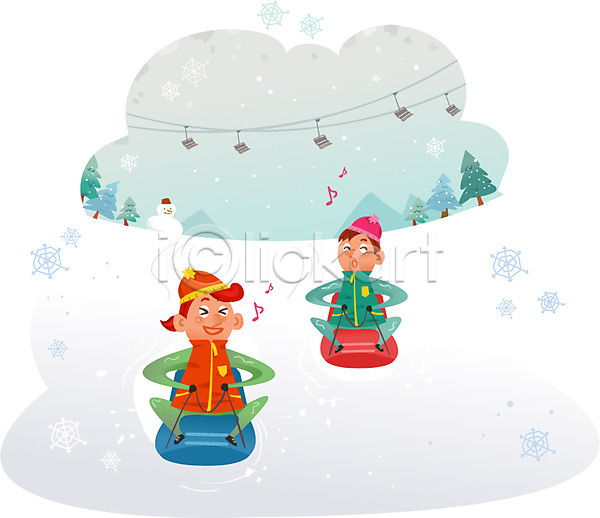 남자 두명 어린이 여자 AI(파일형식) 일러스트 겨울 겨울스포츠 나무 눈 눈사람 눈썰매장 스키리프트 야외 음표 주간 털모자