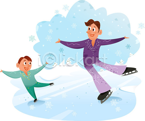 남자 두명 성인 어린이 AI(파일형식) 일러스트 겨울 겨울스포츠 나무 눈 아이스스케이트 야외 얼음 주간 피겨스케이터 피겨스케이팅