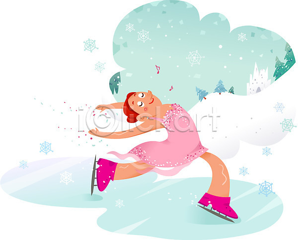 성인 여자 한명 AI(파일형식) 일러스트 겨울 겨울스포츠 나무 눈 성 아이스스케이트 야외 얼음 음표 주간 피겨스케이터 피겨스케이팅