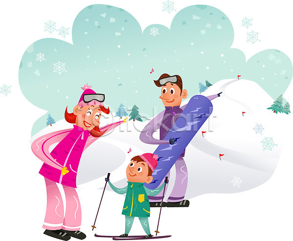 남자 성인 세명 어린이 여자 AI(파일형식) 일러스트 겨울 겨울스포츠 고글 나무 눈 스노보드복 스노우보드 스키 스키복 스키장 스키장비 야외 주간 폴