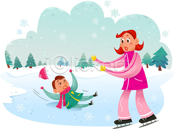 남자 두명 성인 어린이 여자 AI(파일형식) 일러스트 겨울 겨울스포츠 나무 넘어짐 눈 아이스스케이트 야외 주간 털모자