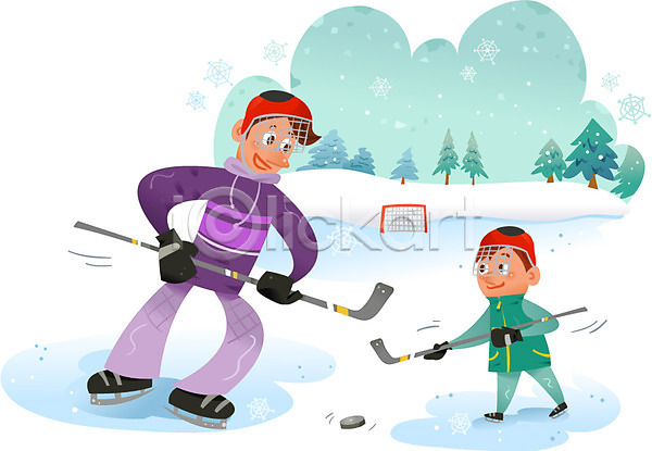 남자 두명 성인 어린이 AI(파일형식) 일러스트 겨울 겨울스포츠 나무 눈 아이스하키 아이스하키골대 야외 주간 하키채 헬멧