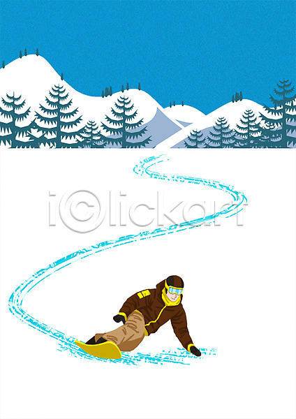 남자 성인 한명 PSD 일러스트 겨울 겨울스포츠 구름(자연) 나무 눈 동계올림픽 산 스노보드복 스노우보드 스키장 스포츠 야외 주간