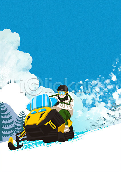 남자 성인 한명 PSD 일러스트 겨울 겨울스포츠 고글 구름(자연) 나무 눈 산 스노모빌 스키장 스포츠 야외 주간