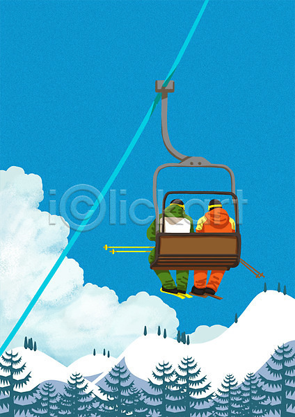 남자 두명 성인 PSD 일러스트 겨울 겨울스포츠 구름(자연) 나무 눈 산 스키 스키리프트 스키장 스포츠 야외 주간 폴