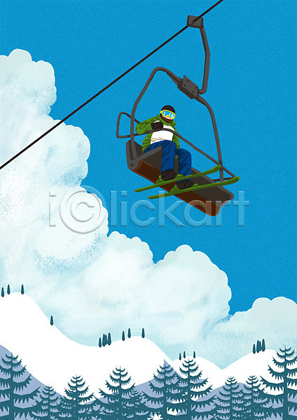 남자 성인 한명 PSD 일러스트 겨울 겨울스포츠 구름(자연) 나무 눈 산 스키 스키리프트 스키장 스포츠 야외 주간