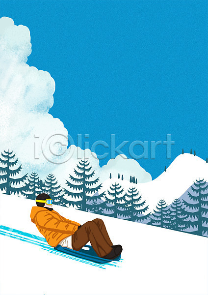 남자 성인 한명 PSD 일러스트 겨울 겨울스포츠 고글 구름(자연) 나무 눈 산 썰매 야외 주간