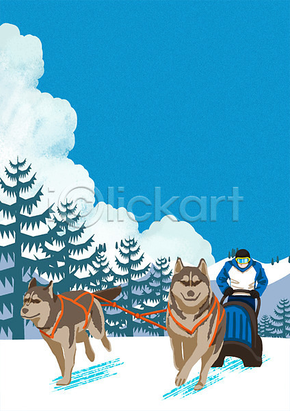 남자 성인 한명 PSD 일러스트 개썰매 겨울 겨울스포츠 고글 구름(자연) 나무 눈 산 썰매 썰매개 야외 주간