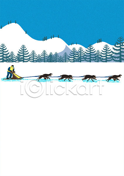 남자 성인 한명 PSD 일러스트 개썰매 겨울 겨울스포츠 구름(자연) 나무 눈 달리기 산 썰매 썰매개 야외 주간