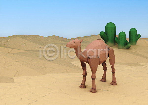 사람없음 3D PSD 디지털합성 편집이미지 3D소스 낙타 동물 사막 선인장 컴퓨터그래픽 한마리