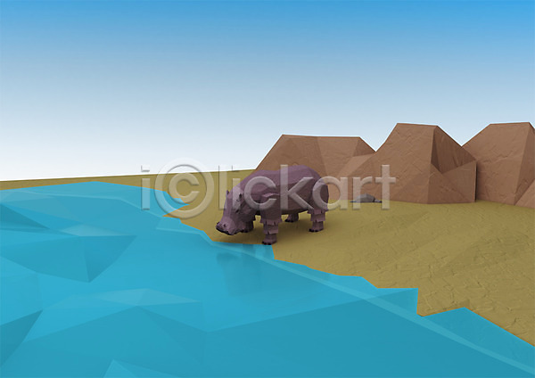 사람없음 3D PSD 디지털합성 편집이미지 3D소스 강 동물 물 바위(돌) 컴퓨터그래픽 하마 한마리 호수