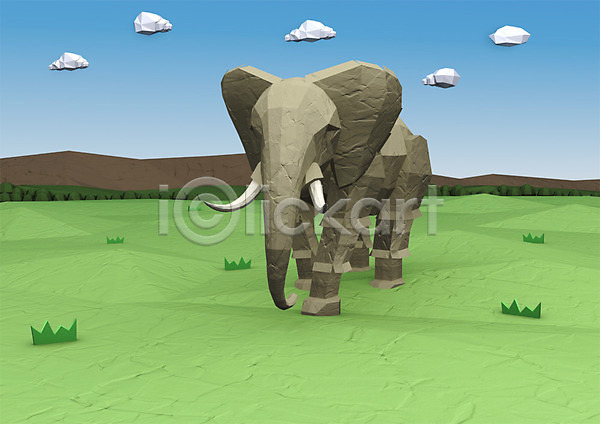 사람없음 3D PSD 디지털합성 편집이미지 3D소스 구름(자연) 동물 잔디 컴퓨터그래픽 코끼리 풀(식물) 한마리