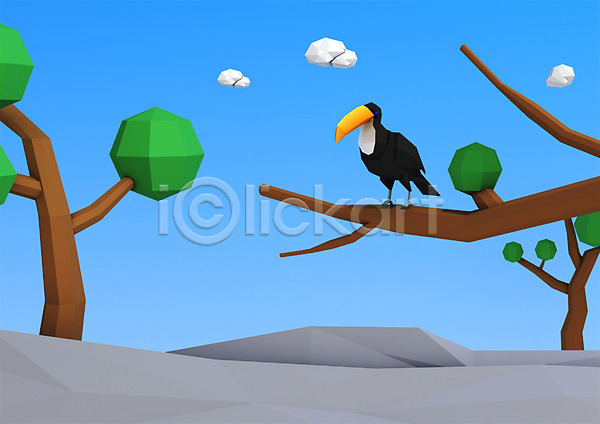 사람없음 3D PSD 디지털합성 편집이미지 3D소스 구름(자연) 나무 나뭇가지 동물 세그루 앵무새 컴퓨터그래픽 하늘 한마리