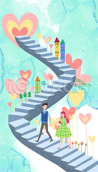 사랑 상상 함께함 남자 두명 성인 여자 PSD 일러스트 건물 계단 나무 나뭇잎 손잡기 커플 판타지 하트