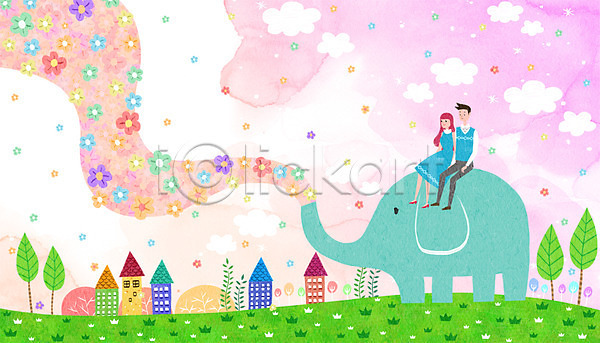 사랑 상상 함께함 남자 두명 성인 여자 PSD 일러스트 구름(자연) 꽃 나무 주택 커플 코끼리 판타지 하트