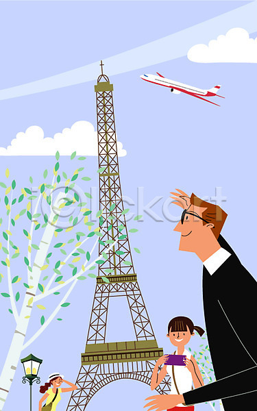 남자 성인 세명 여자 AI(파일형식) 일러스트 가로등 구름(자연) 나무 비행기 에펠탑 여행 유럽여행(여행) 프랑스 해외여행