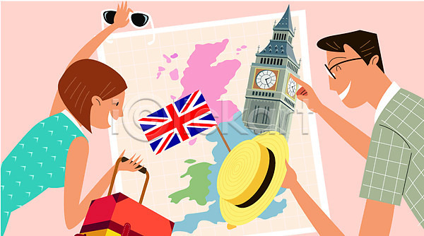 남자 두명 성인 여자 AI(파일형식) 일러스트 모자가게 빅벤 선글라스 여행 영국 유럽여행(여행) 지도 캐리어 해외여행