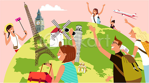 남자 성인 여러명 여자 AI(파일형식) 일러스트 구름(자연) 배낭 비행기 빅벤 셀카봉 에펠탑 여행 여행객 유럽여행(여행) 지구모양 캐리어 풍차 피사의사탑 해외여행