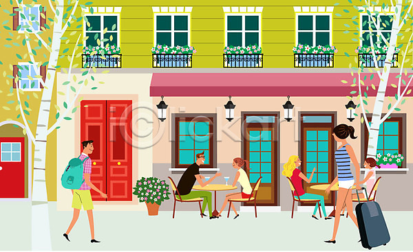 남자 성인 여러명 여자 AI(파일형식) 일러스트 거리 건물 나무 야외테라스 여행 유럽여행(여행) 의자 창문 카페 캐리어 탁자 해외여행 화분