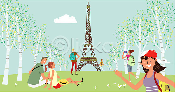 남자 성인 여러명 여자 AI(파일형식) 일러스트 구름(자연) 나무 배낭 에펠탑 여행 유럽여행(여행) 프랑스 해외여행