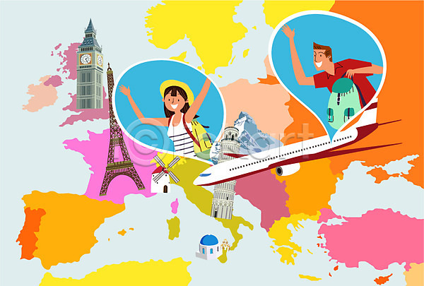 남자 두명 성인 여자 AI(파일형식) 일러스트 관광지 비행기 빅벤 산 에펠탑 여행 유럽 유럽여행(여행) 지도 풍차 피사의사탑 해외여행