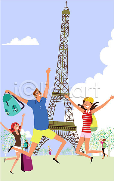 남자 성인 여러명 여자 AI(파일형식) 일러스트 구름(자연) 나무 배낭 에펠탑 여행 유럽여행(여행) 점프 캐리어 프랑스 해외여행