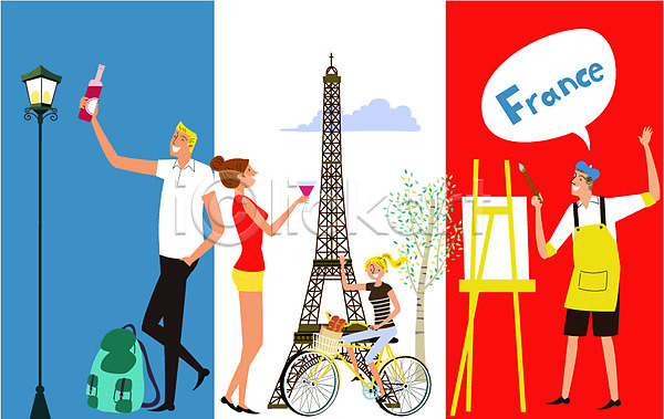 남자 성인 여러명 여자 AI(파일형식) 일러스트 가로등 구름(자연) 나무 배낭 붓 에펠탑 여행 와인병 와인잔 유럽여행(여행) 이젤 자전거 프랑스 프랑스국기 해외여행 화가