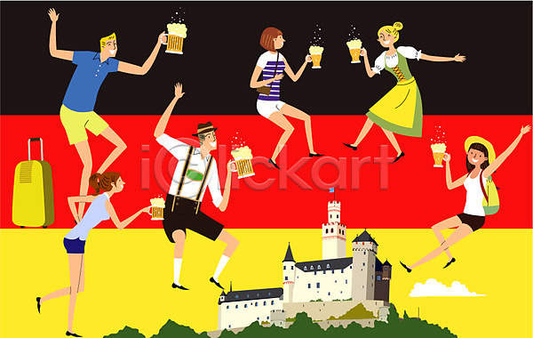 남자 성인 여러명 여자 AI(파일형식) 일러스트 노이슈반슈타인성 독일 독일국기 독일의상 독일전통의상 맥주 맥주잔 여행 유럽여행(여행) 캐리어 해외여행