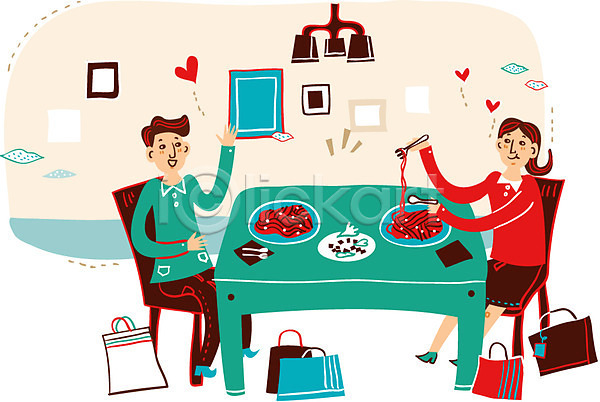 사랑 함께함 행복 남자 두명 성인 여자 AI(파일형식) 일러스트 쇼핑 쇼핑백 식당 식탁 액자 음식 의자 조명 커플 파스타