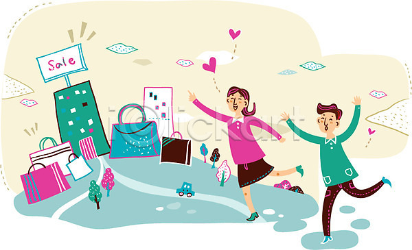 사랑 함께함 행복 남자 두명 성인 여자 AI(파일형식) 일러스트 가방 나무 상점 세일 쇼핑 쇼핑몰 쇼핑백 스토어 자동차 커플